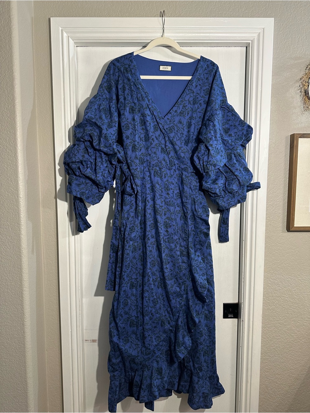 Eddy Blue Floral Wrap Midi Dress with Voluminous Sleeves